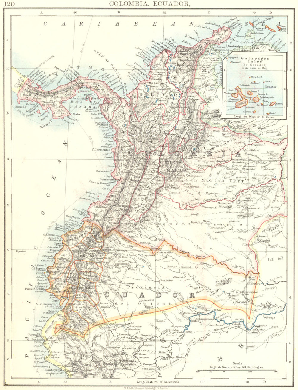 ANDEAN STATES. Colombia Ecuador Panama. States. South America.JOHNSTON 1899 map
