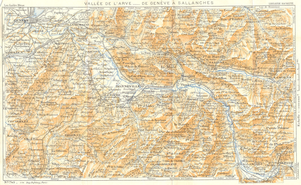SWITZERLAND. L'arve-Genève(Geneva)Sallanches 1934 old vintage map plan chart