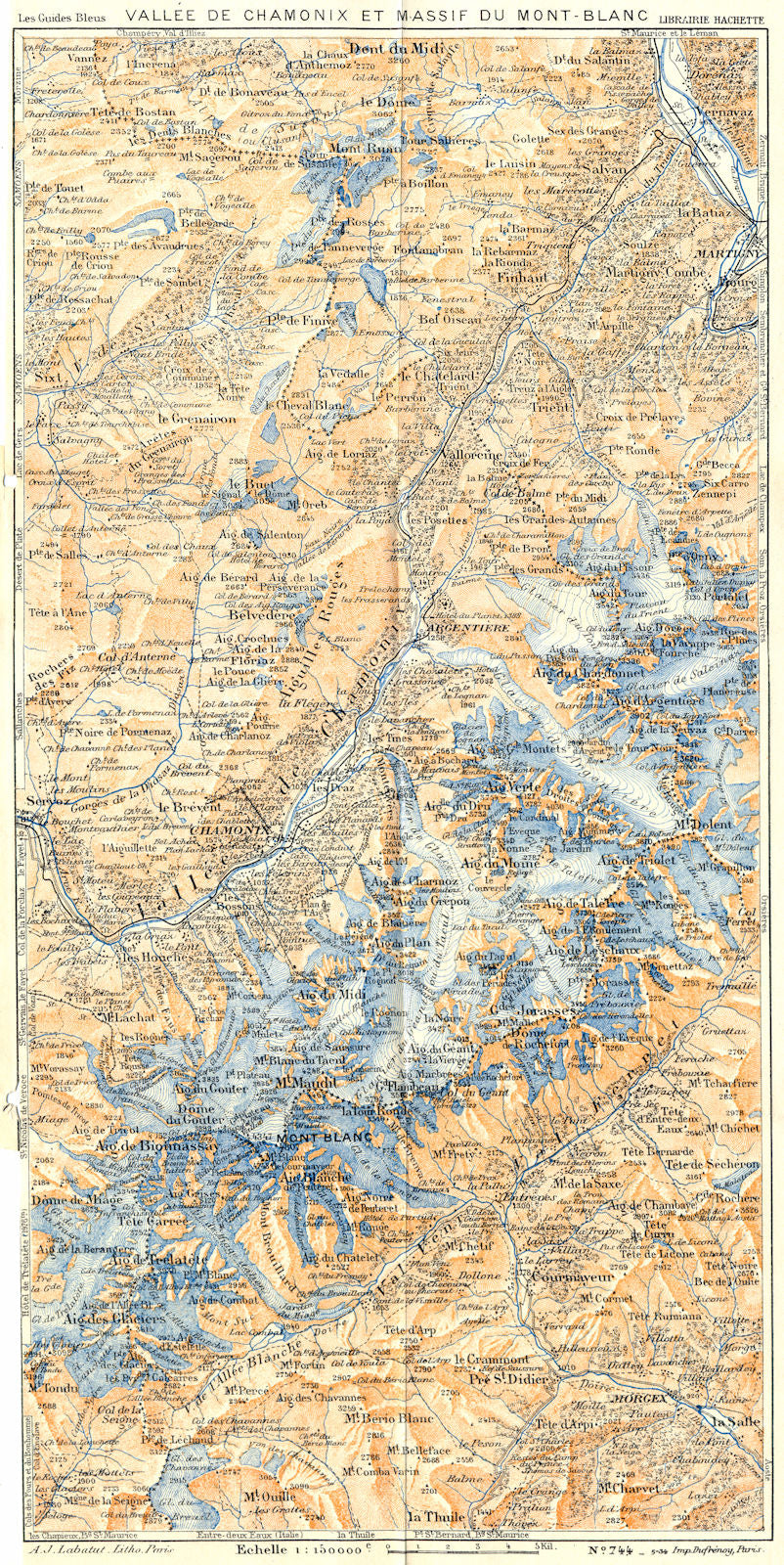 CHAMONIX. Vallee de Massif du Mont-Blanc 1934 old vintage map plan chart
