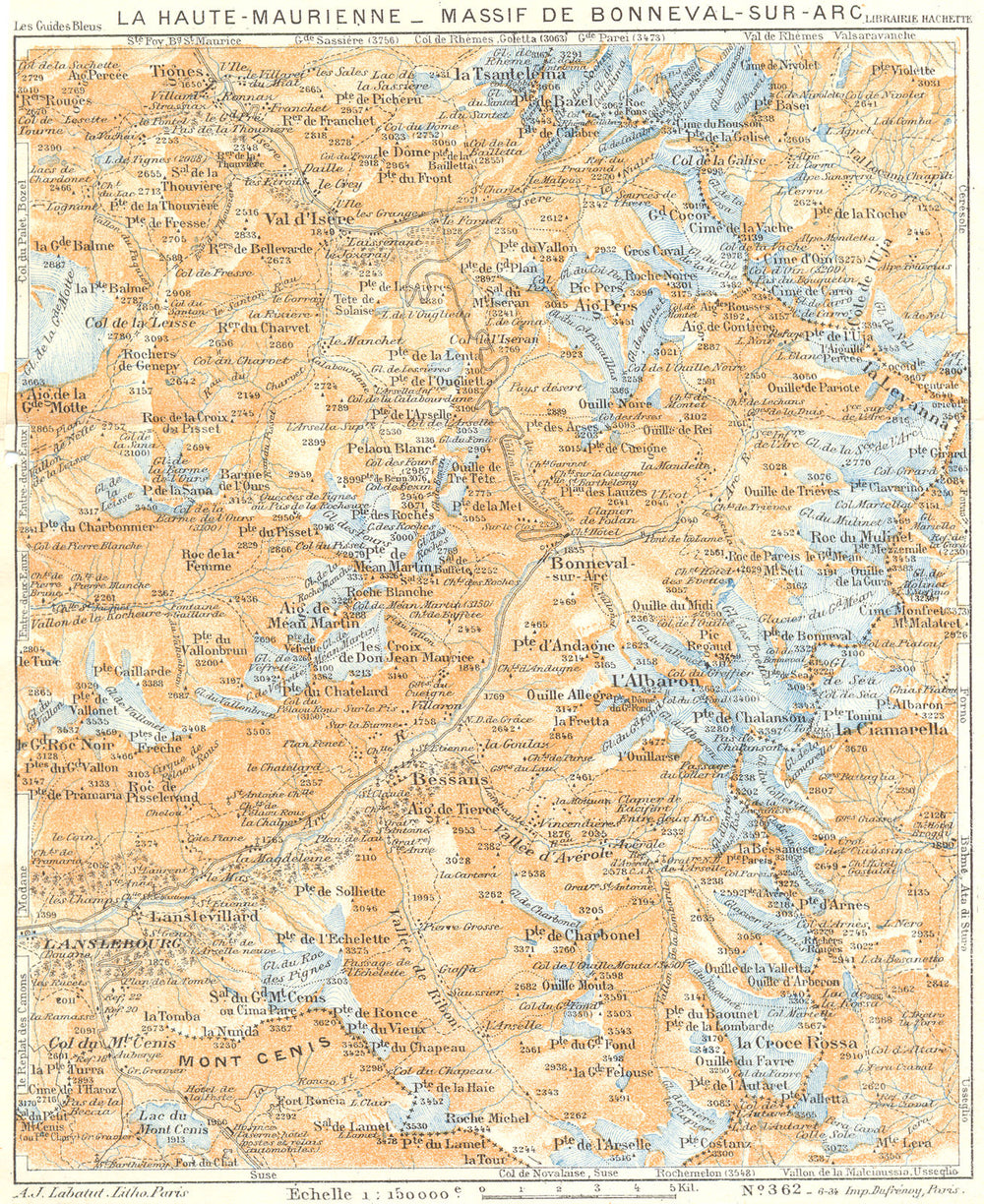 MAURIENNE. Haute. Massif de Bonneval-Sur-Arc 1934 old vintage map plan chart