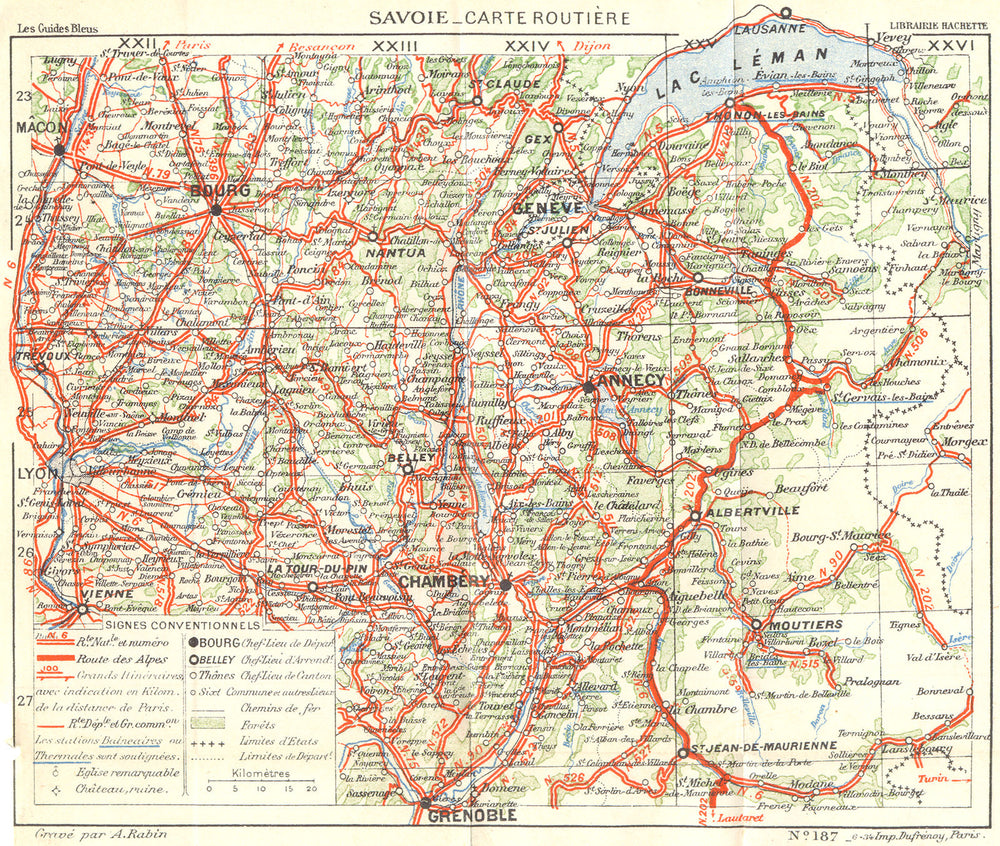 SAVOIE. Carte Routiere 1934 old vintage map plan chart