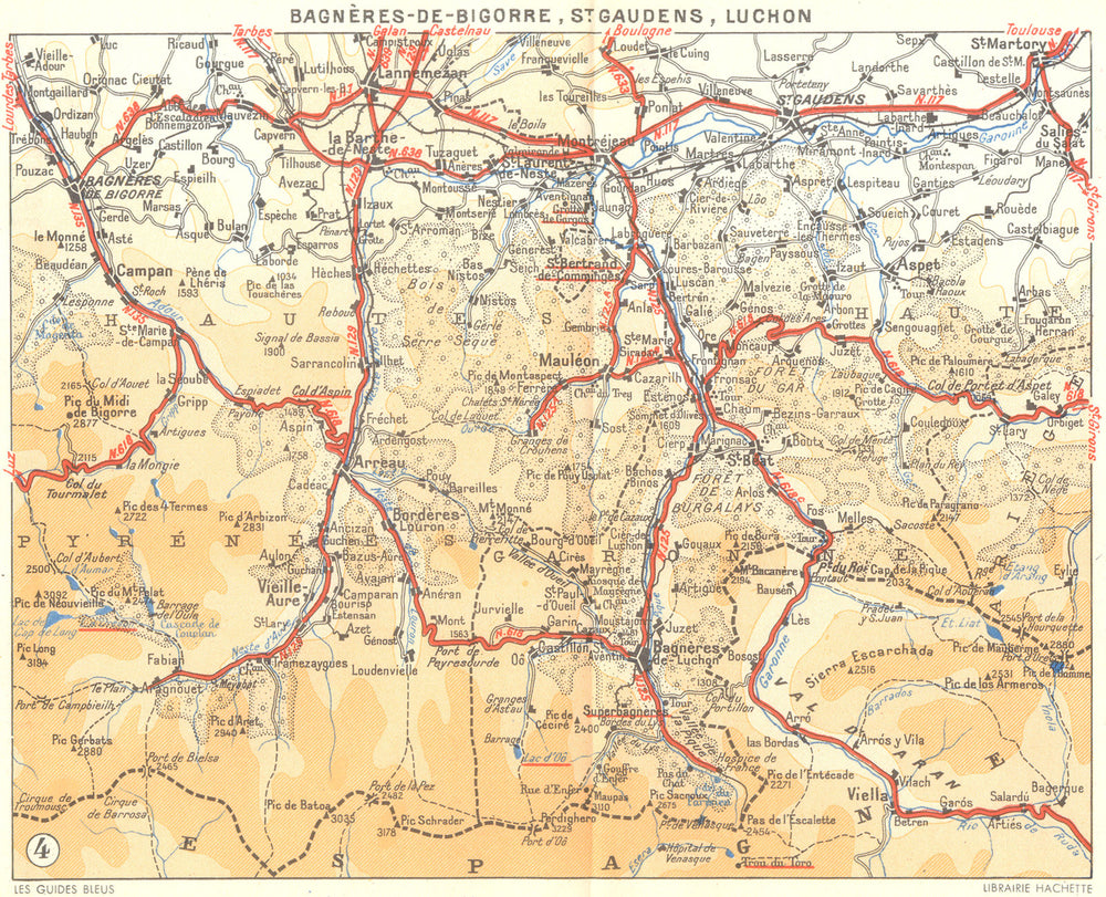 HTES-PYRÉNÉES. Bagneres-Bigorre, Gaudens, Luchon 1951 old vintage map chart