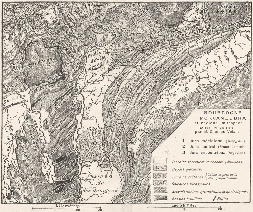 Bourgogne-Morvan-Jura. limitrophes physique 1924 old antique map plan chart