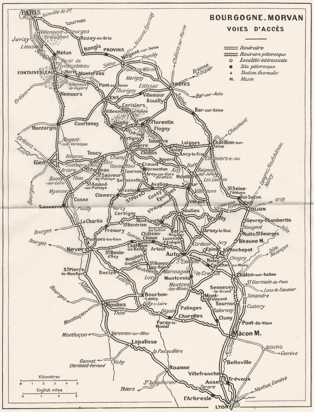 FRANCE. Bourgogne-Morvan Voies D'Acces 1924 old antique vintage map plan chart