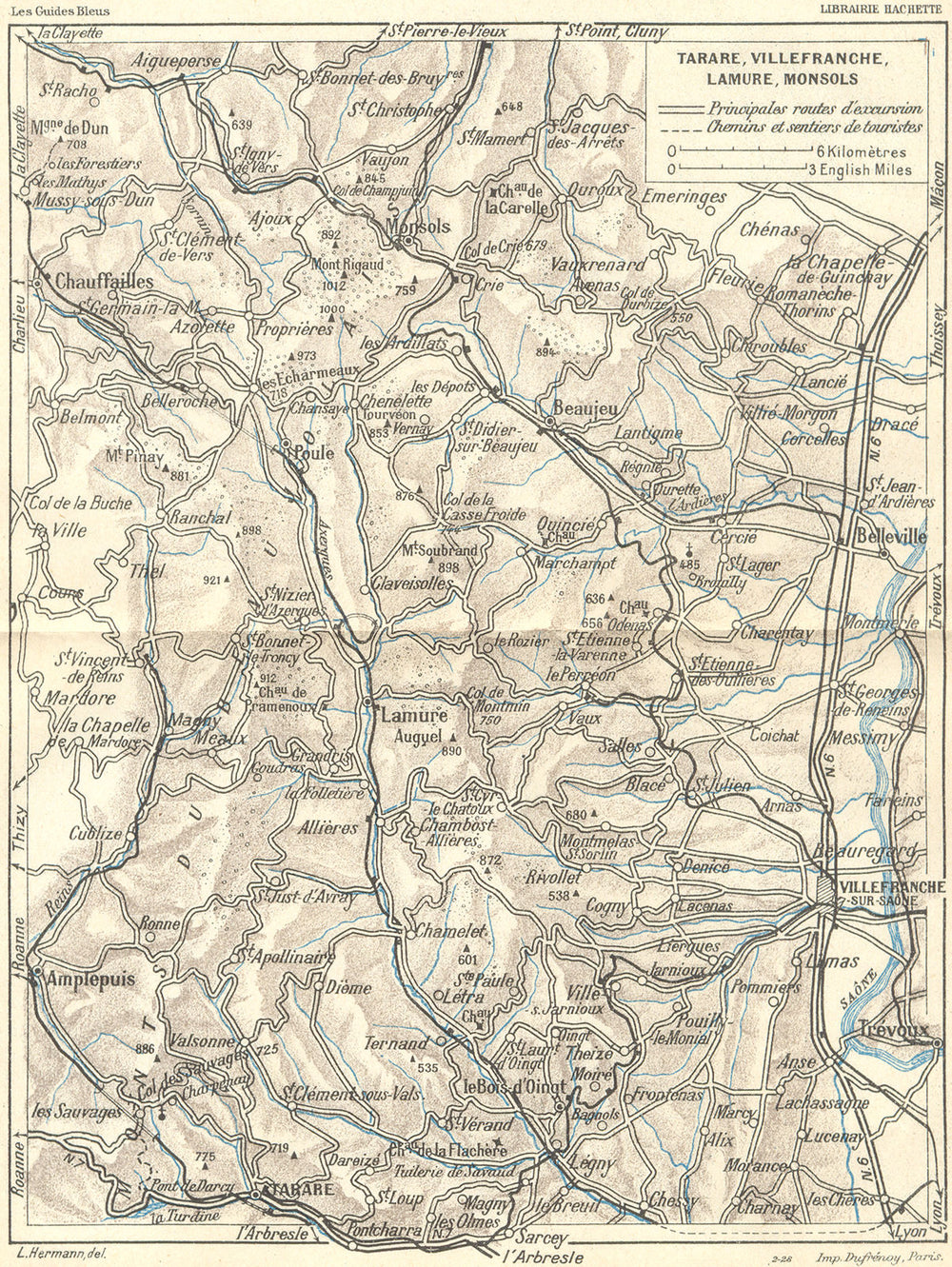 DIJON. Lyon. Tarare, Villefranche, Lamure, Monsols 1924 old antique map chart