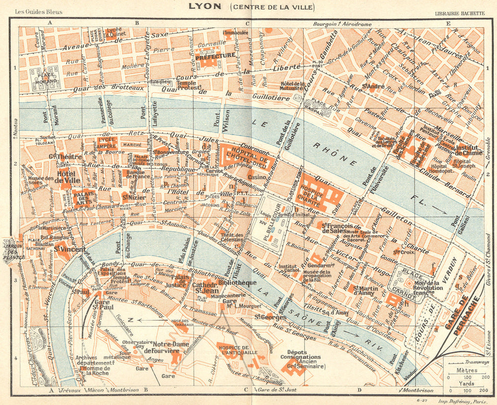 RHÔNE. Lyon. (Centre de Ville) 1924 old antique vintage map plan chart