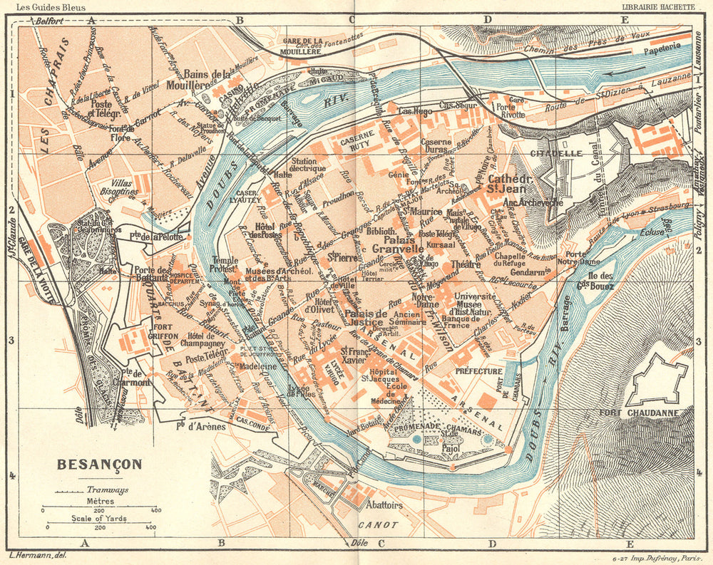 DOUBS. Besançon 1924 old antique vintage map plan chart