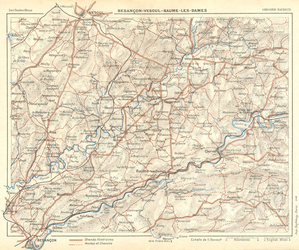 BESANÇON. De a Belfort. Vesoul-Baume-Dames 1924 old antique map plan chart