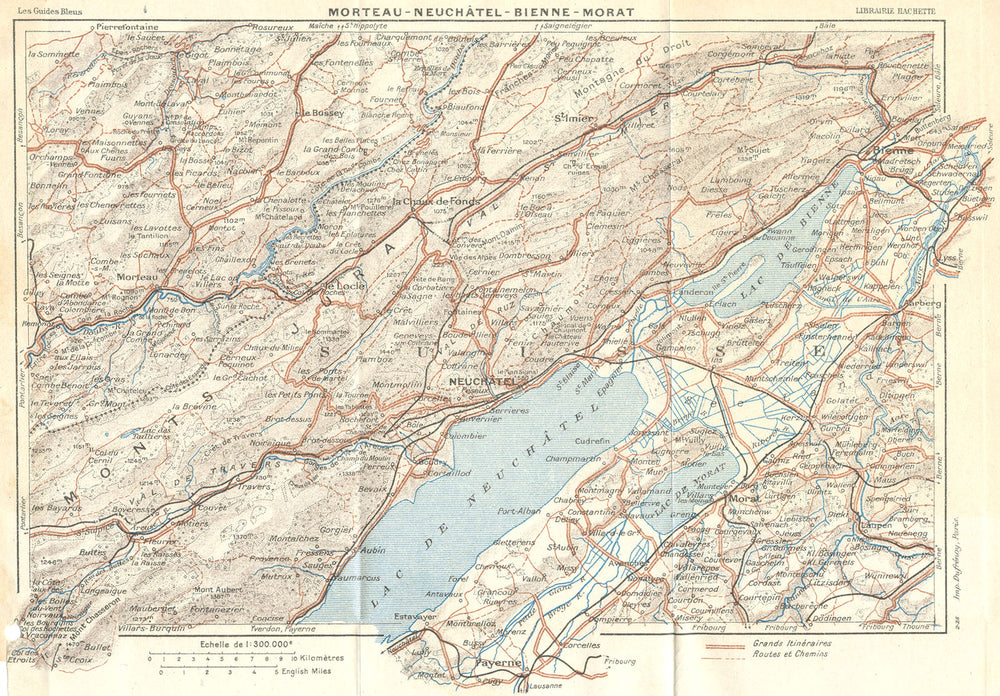 BIENNE. Besançon Morteau Neuchatel. Morat 1924 old antique map plan chart