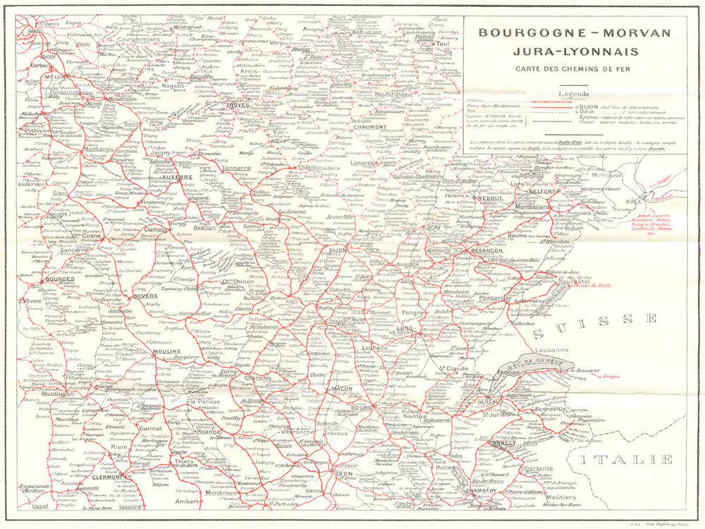 Bourgogne-Morvan Jura-Lyonnais. Chemins Fer 1924 old antique map plan chart
