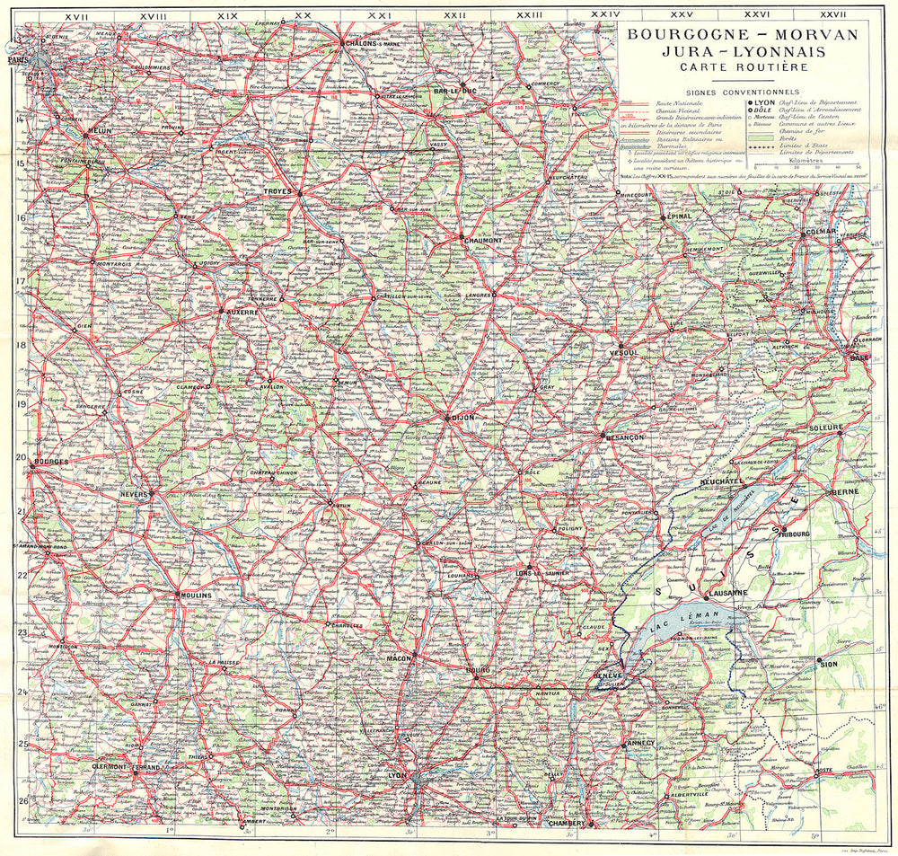 FRANCE. Bourgogne-Morvan Jura-Lyonnais Routiere 1924 old antique map chart