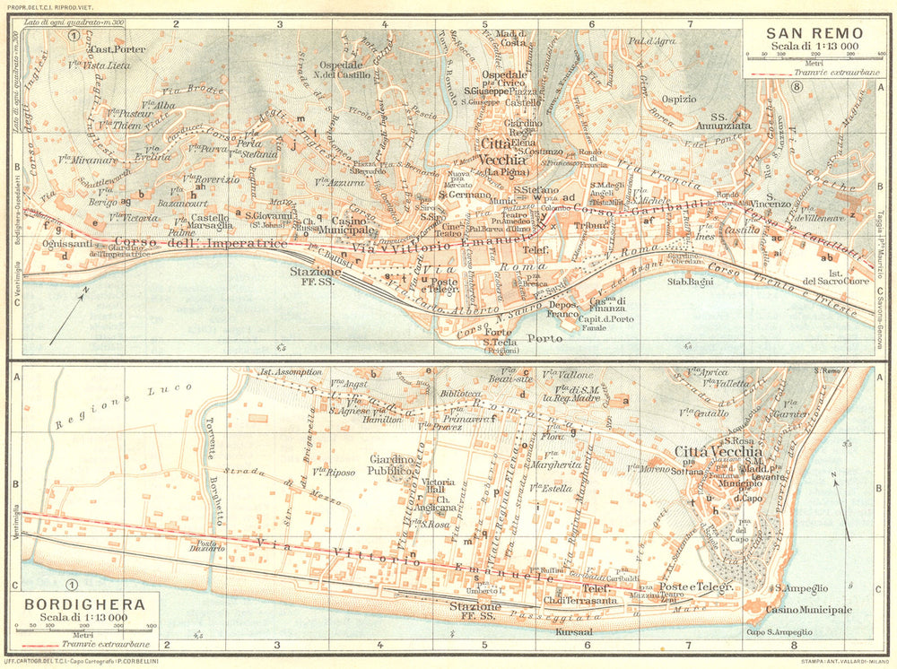 ITALY. San Remo; Bordighera 1926 old vintage map plan chart
