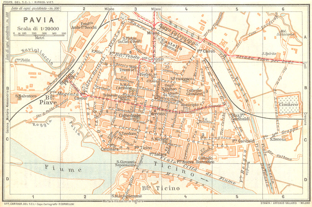 ITALY. Pavia 1926 old vintage map plan chart