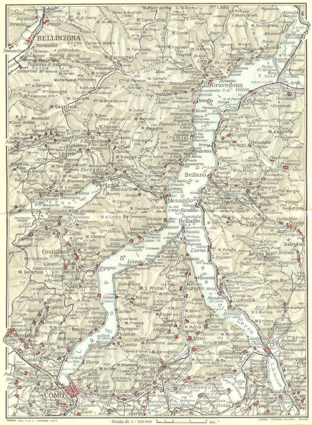 ITALY. Lac de Como Come Lecco 1926 old vintage map plan chart