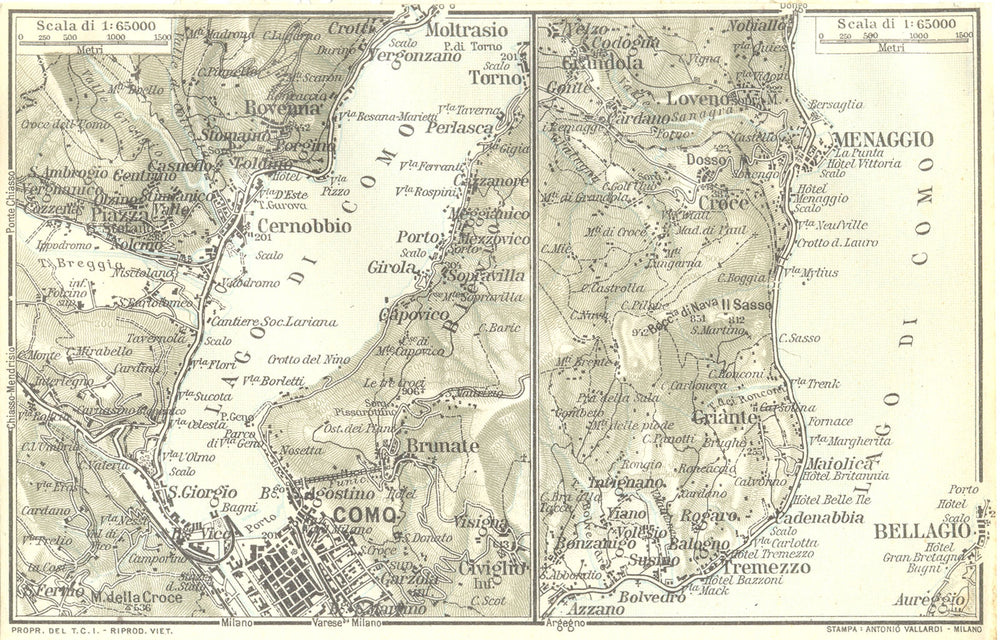 ITALY. Come Como, Tremezzo Menaggio 1926 old vintage map plan chart