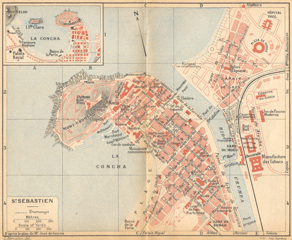 SPAIN. St-Sebastien 1921 old antique vintage map plan chart