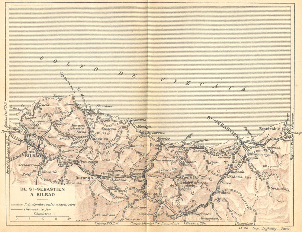 SPAIN. De St Sebastien A Bilbao 1921 old antique vintage map plan chart