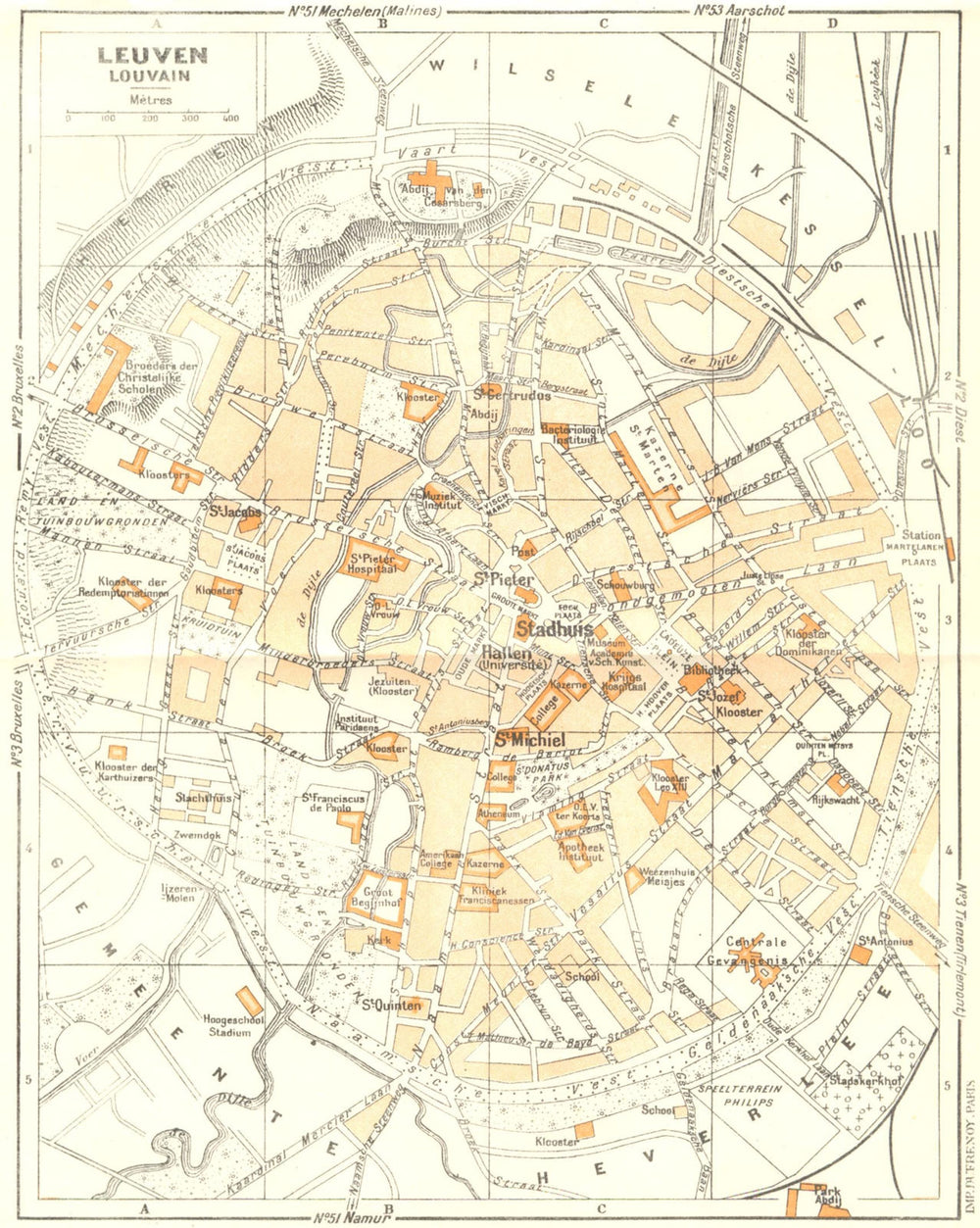 BELGIUM. De Bruxelles a Liège. Leuven Louvan 1953 old vintage map plan chart
