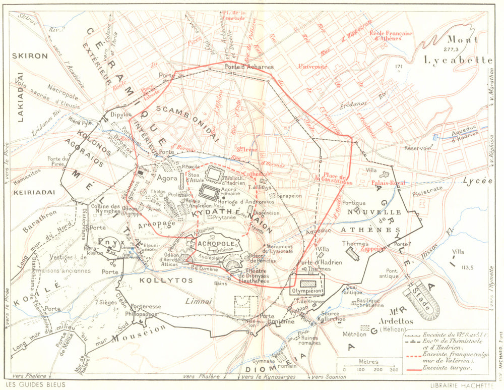 ATHENS old/new cities compared. City walls 6C BC Hadrian Frankish Turks 1956 map