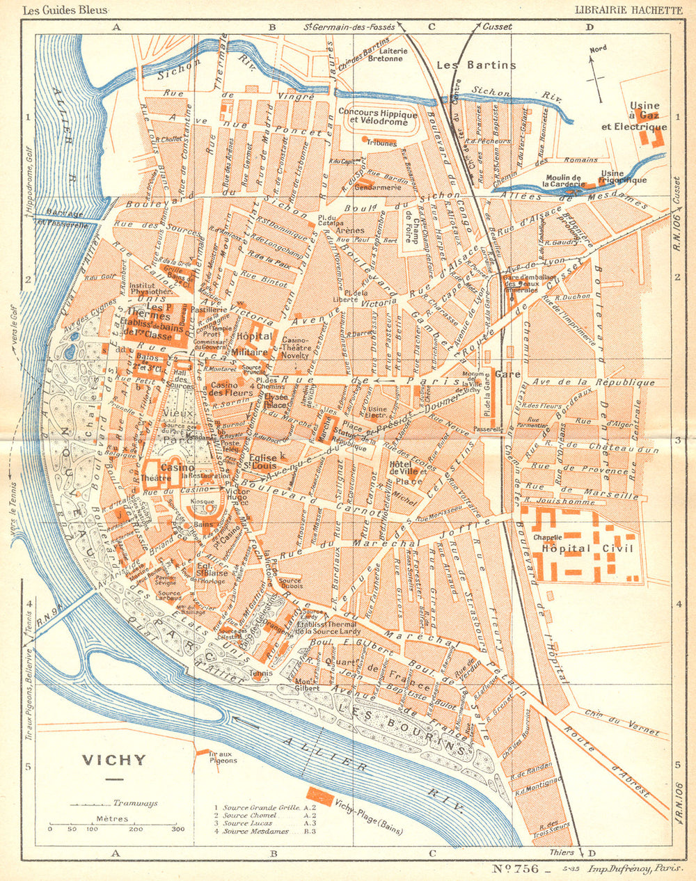 ALLIER. Vichy 1935 old vintage map plan chart