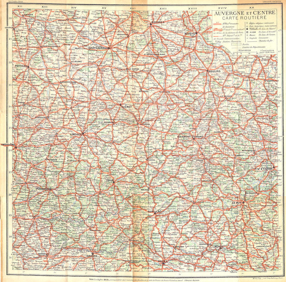 FRANCE. Auvergne Centre Carte Routiere 1935 old vintage map plan chart