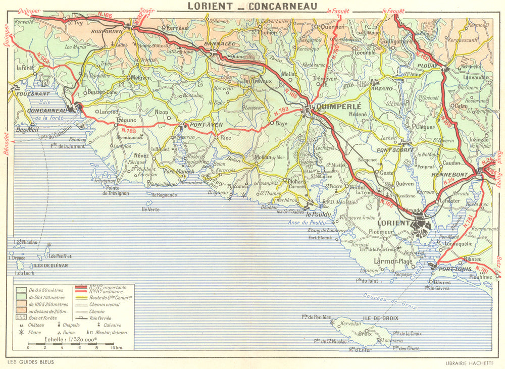 LORIENT. De Quimperle a Quimper. Concarneau 1948 old vintage map plan chart
