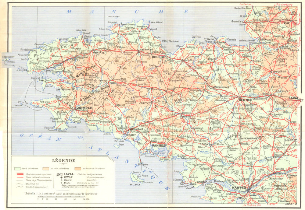 BRITTANY. Legende 1948 old vintage map plan chart