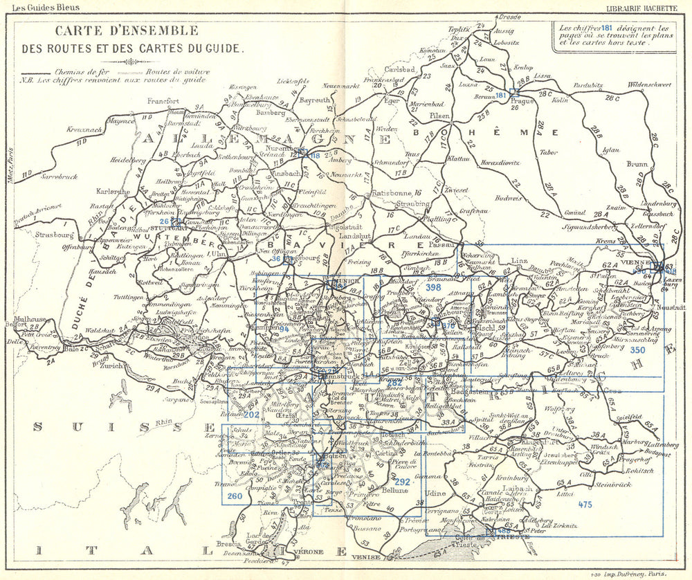 EUROPE. Carte D'Ensemble Route Cartes du Guide 1914 old antique map plan chart