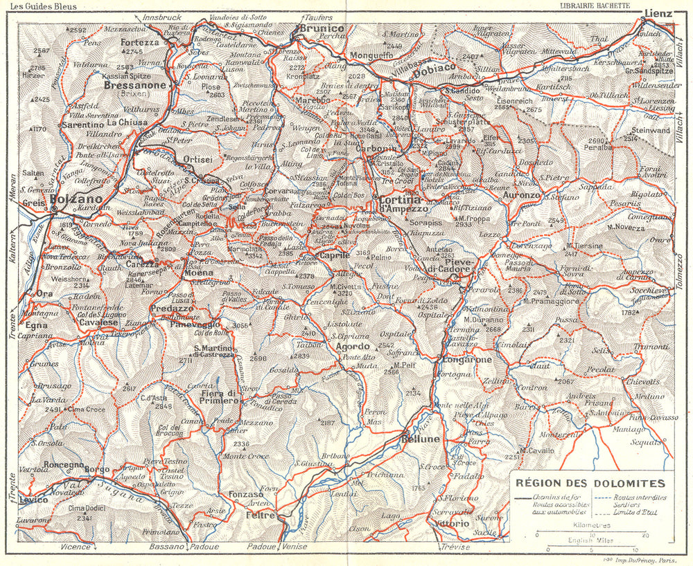 DOLOMITES. Toblach Cortina D'Ampezzo. Region 1914 old antique map plan chart