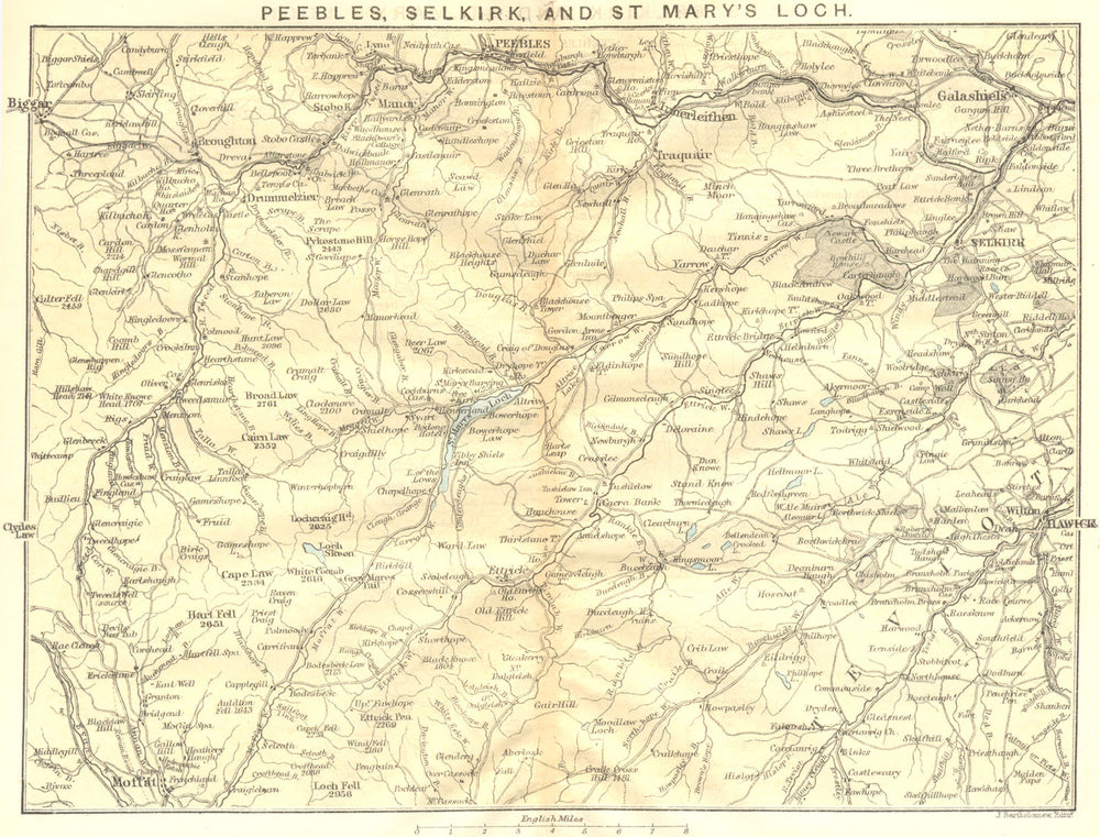SCOTLAND. Peebles Selkirk & St Mary's Loch. Moffat & Hawick 1887 old map