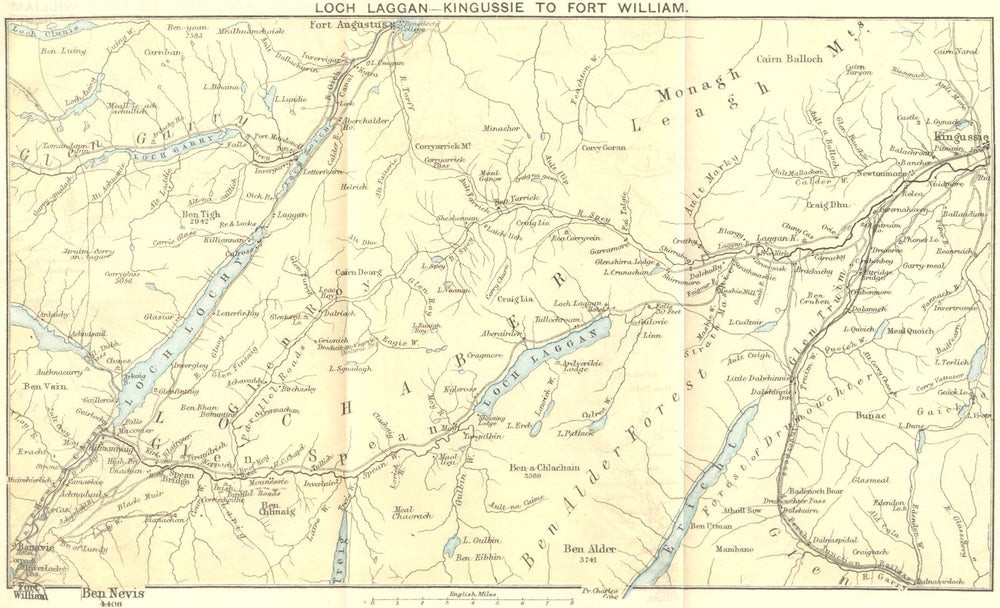 SCOTLAND. Loch Laggan-Kingussie to Fort William 1887 old antique map chart