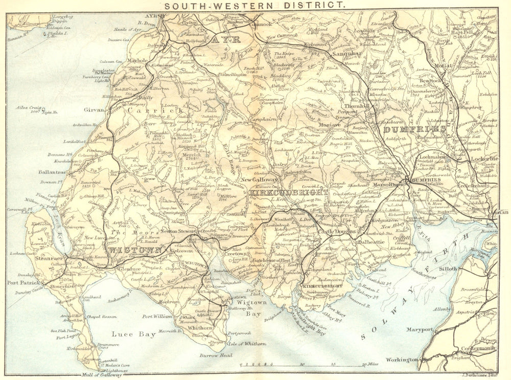 SCOTLAND. South-west District. Wigtown Kirkcudbright Dumfries Ayr 1887 old map