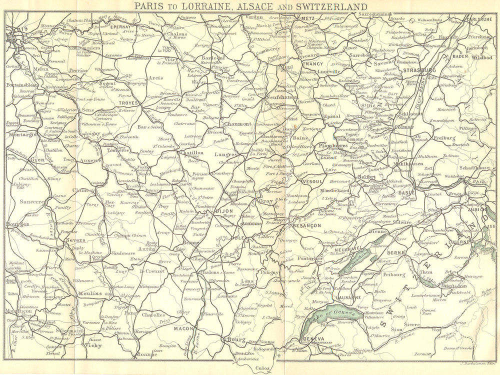 PARIS. To Lorraine, Alsace & Switzerland 1899 old antique map plan chart