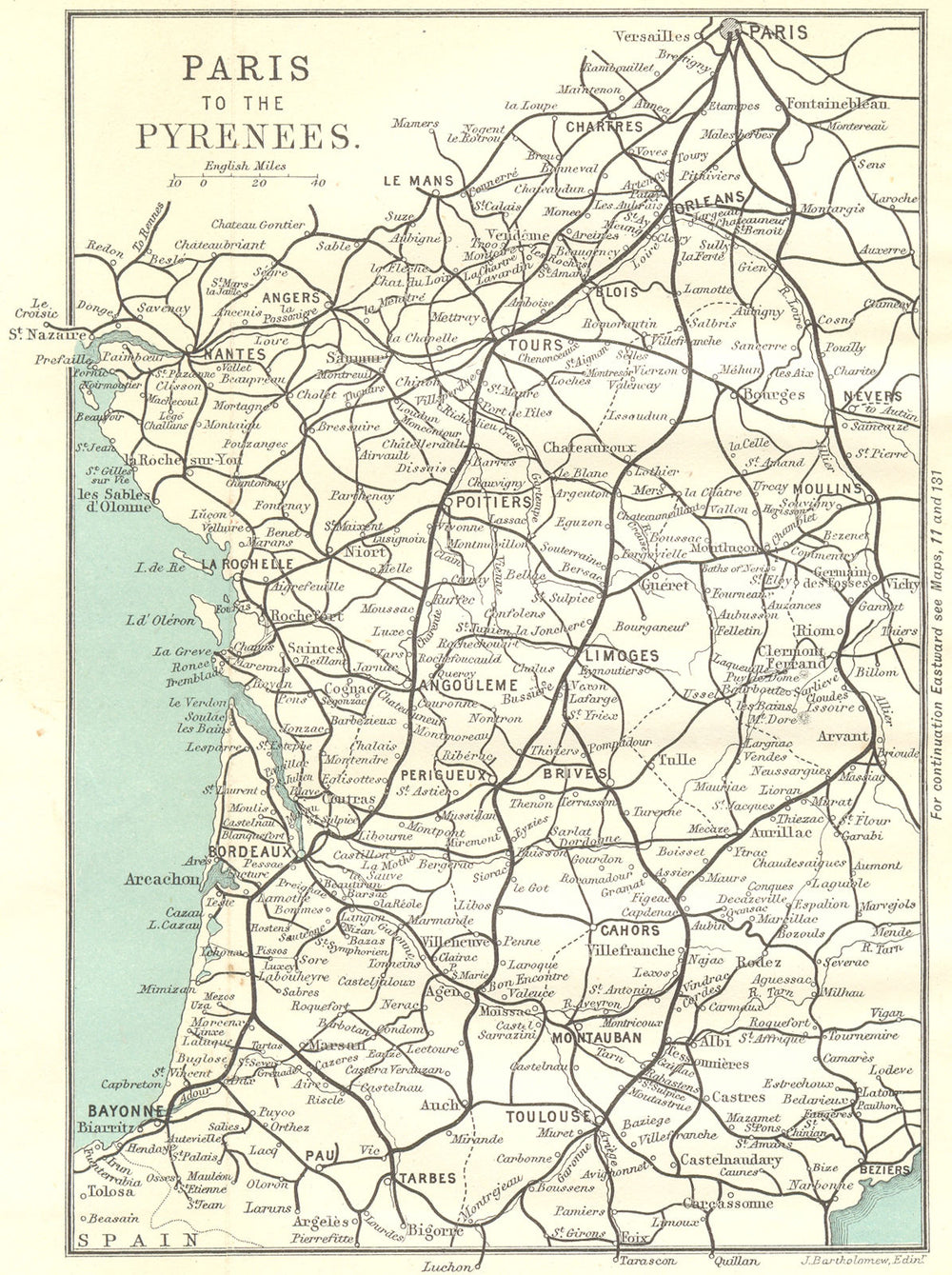 PARIS. To Pyrenees 1909 old antique vintage map plan chart