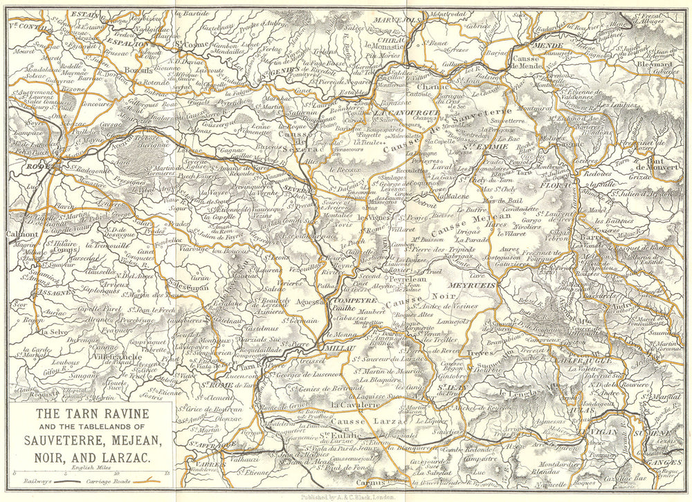TARN. Ravine Sauveterre, Mejean, Noir Larzac 1909 old antique map plan chart