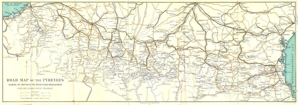 PYRENEES. Rd Map. Topography; grande route thermale 1909 old antique chart