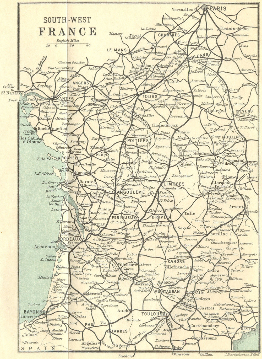 South-west France railways 1914 old antique vintage map plan chart