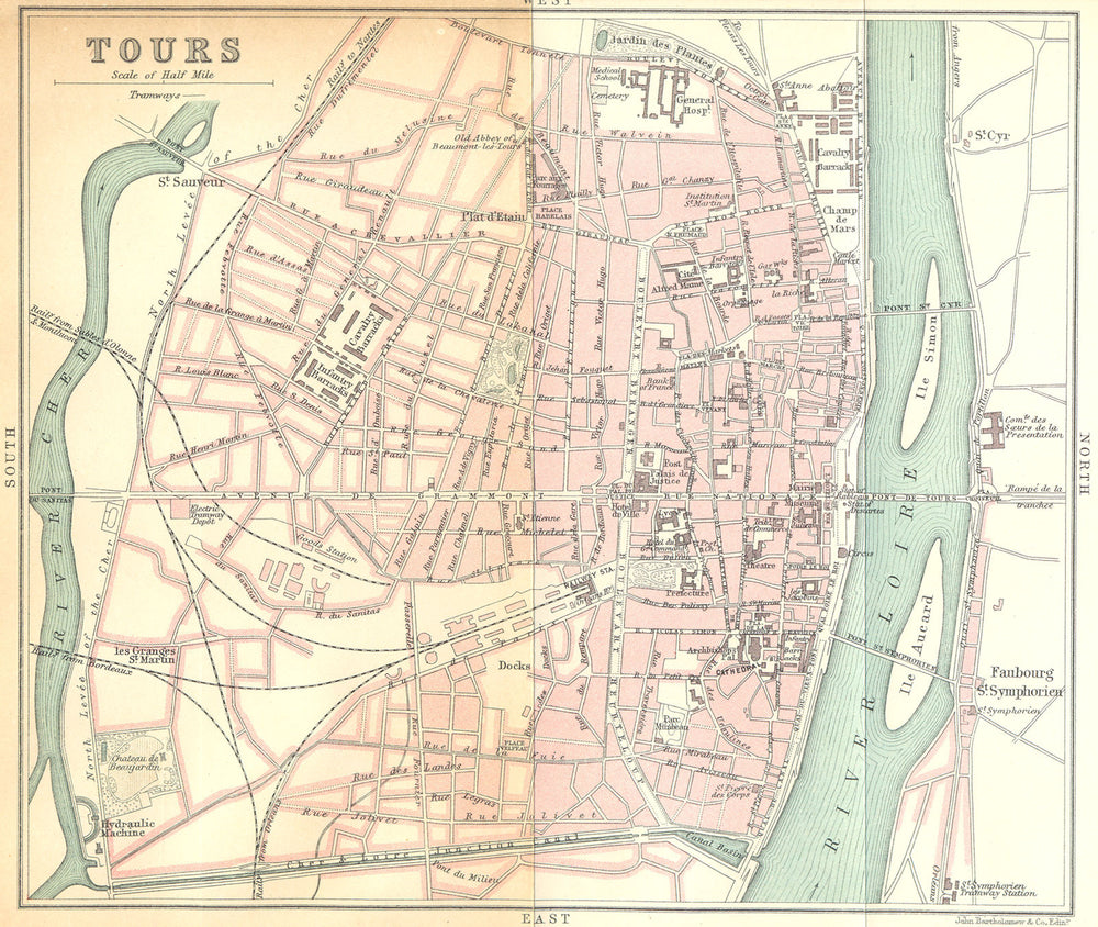 TOURS town/city plan de la ville. Indre-et-Loire 1914 old antique map chart