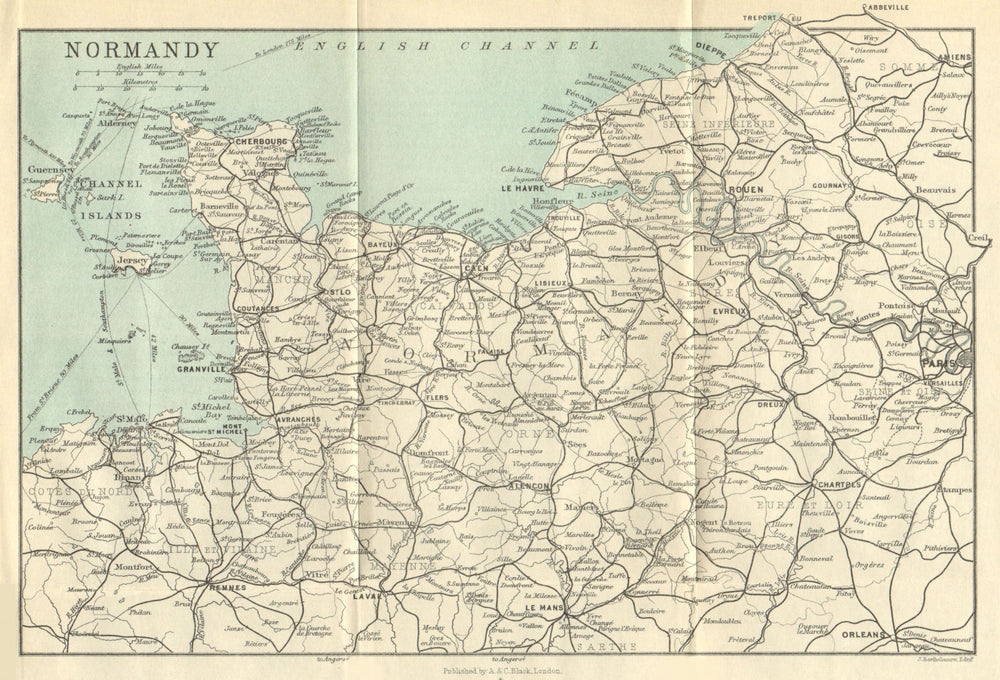 Normandy. Normandie. Railways 1914 old antique vintage map plan chart