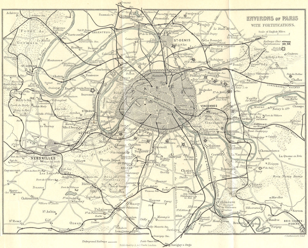Environs of Paris. Fortifications & railways 1914 old antique map plan chart