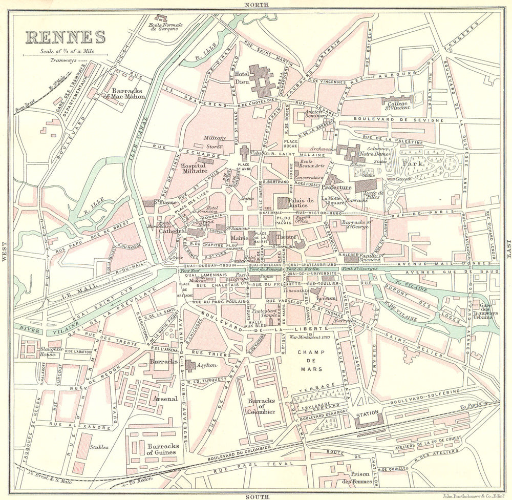RENNES town/city plan de la ville. Ille-et-Vilaine 1914 old antique map chart