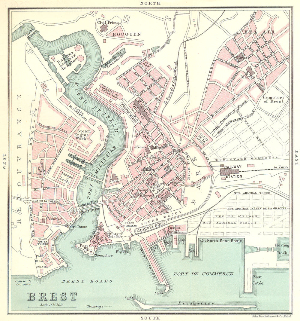 BREST town/city plan de la ville. Finistère 1914 old antique map chart