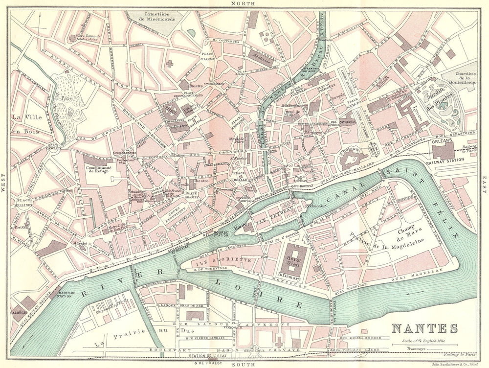 NANTES town/city plan de la ville. Loire-Atlantique 1914 old map chart