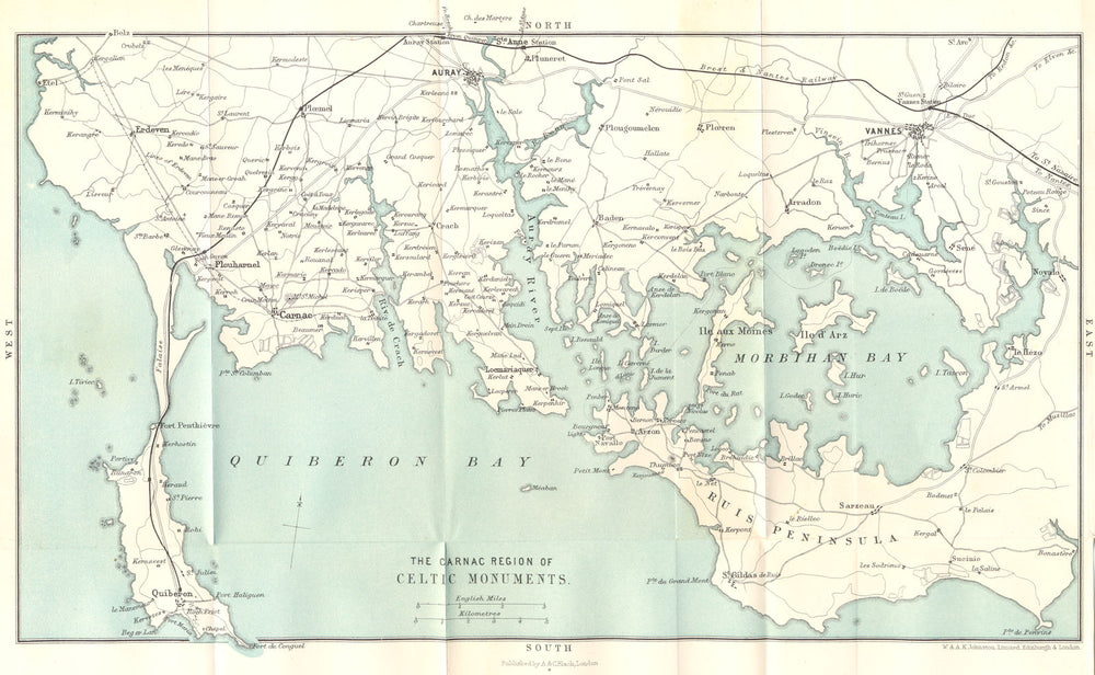 Baie du QUIBERON. Golfe du Morbihan. Carnac region. Megaliths 1914 old map