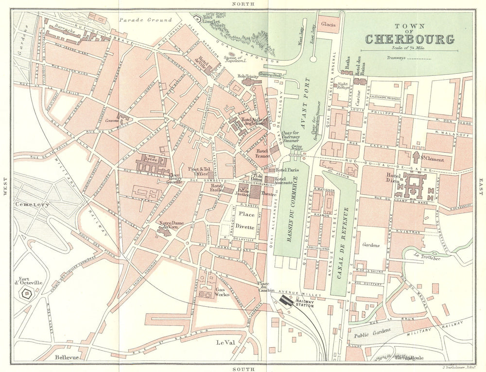 MANCHE. Cherbourg plan de ville town 1913 old antique vintage map chart
