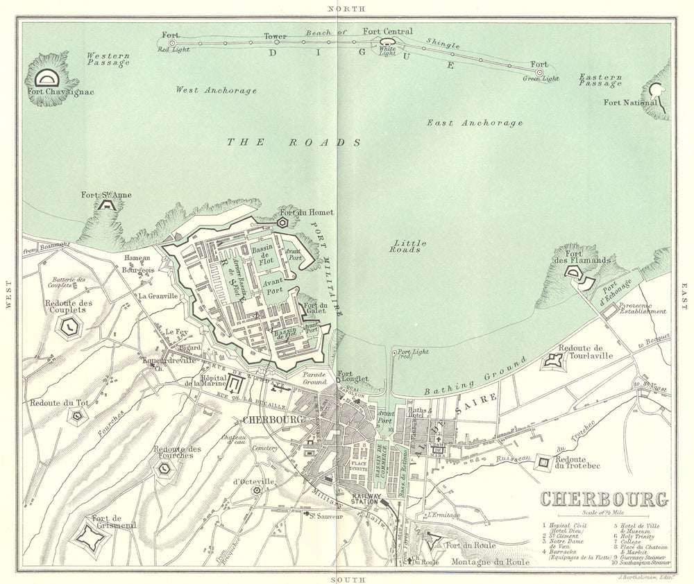 MANCHE. Cherbourg & environs area 1913 old antique vintage map plan chart