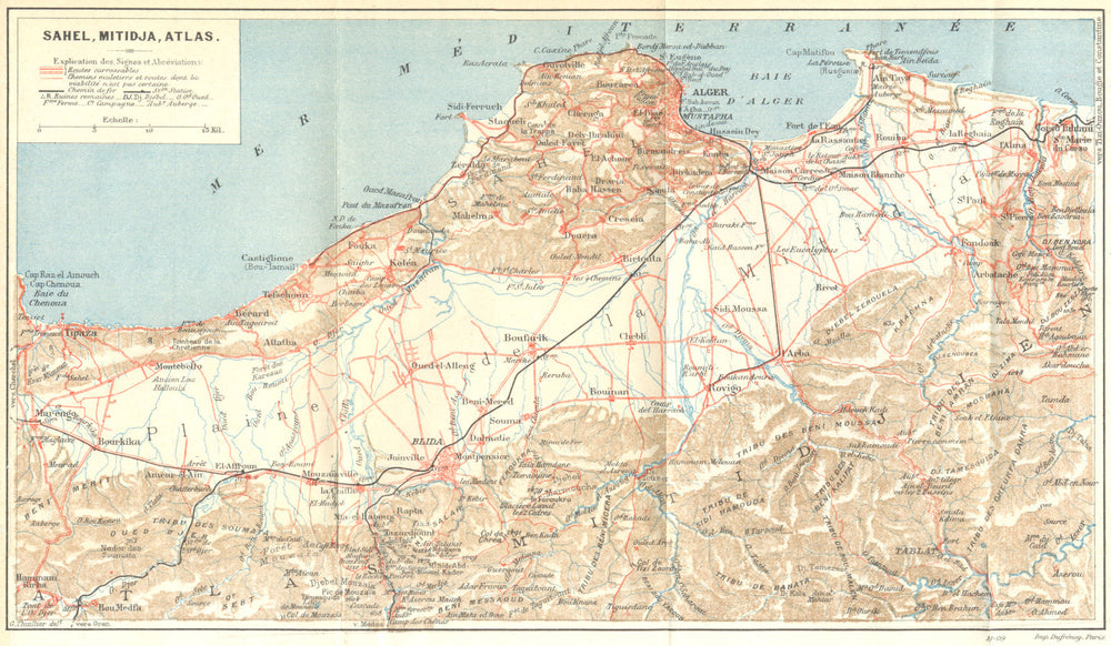 ALGERIA. Sahel, Mitidja, Atlas 1909 old antique vintage map plan chart