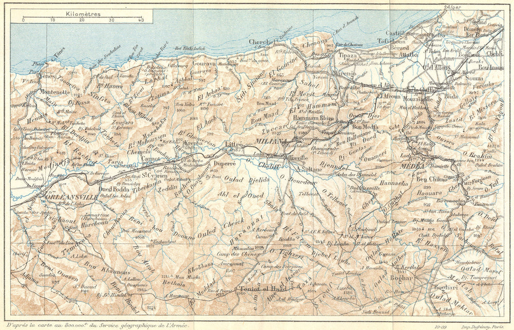 ALGERIA. Vallee Chelif, Teniet-el-Had Miliana 1909 old antique map plan chart