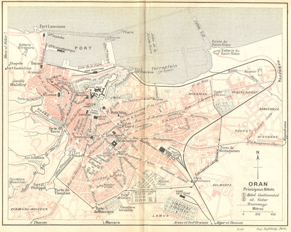 ALGERIA. Oran Principaux Hotels 1909 old antique vintage map plan chart