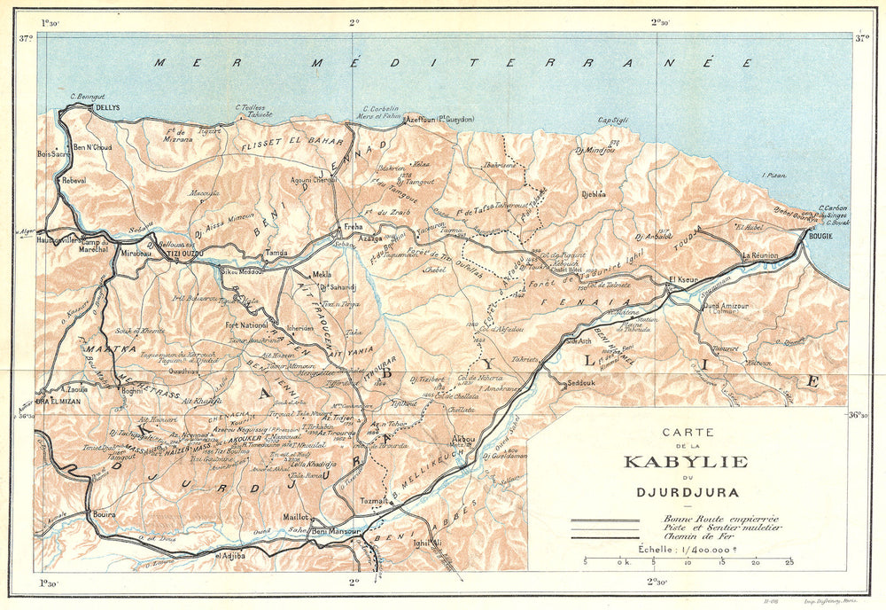 ALGERIA. Carte de Kabylie du Djurdjura 1909 old antique vintage map plan chart